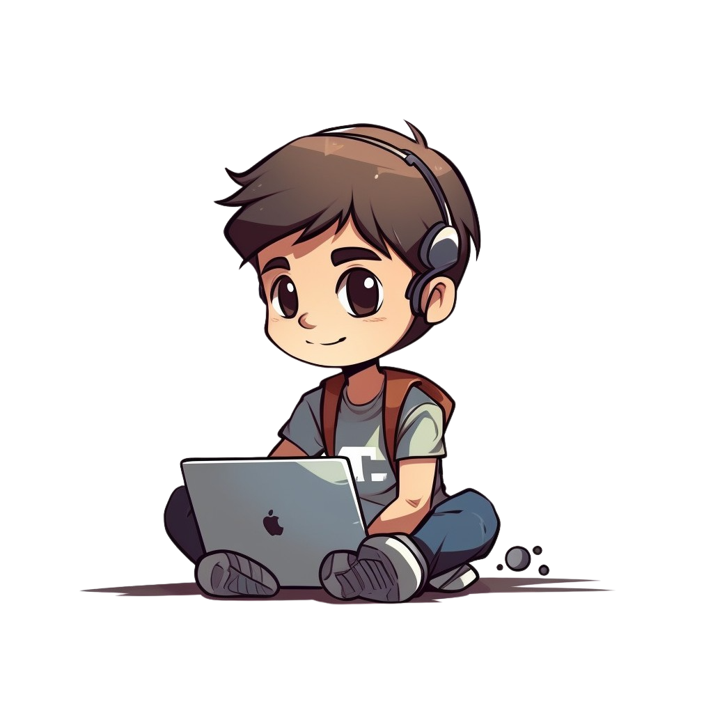 A hand-drawn illustration of Voyy sitting at a computer